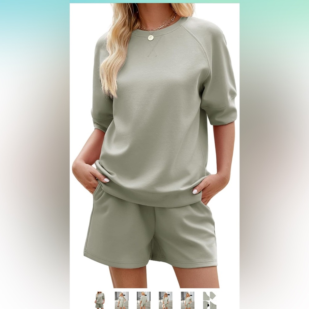 Women's 2 Piece Lounge Set Short Sleeve Top + Shorts Sage Green Medium